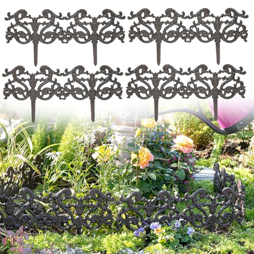 Sungmor Vintage Cast Iron Garden Border Fence, Rustic Brown & 4 Pack Panels - color: Antique Brown