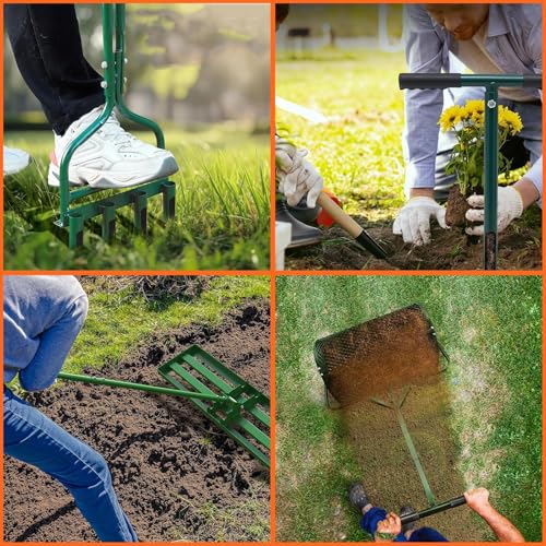 4Pcs Lawn Care Tool Kit -16”WX24”L Compost and Peat Moss Spreader, 20" Soil Sampler Probe,10”WX42”L Hollow Tine Lawn Aerator,10”DX30”LX75”H Leveling Rake, 4-Step Lawn & Garden Care System