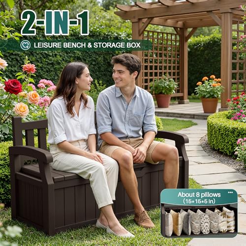 Devoko 80 Gallon Storage Bench Deck Box Waterproof&Lockable - color: Dark Brown, size: 80 Gallon without Cushion