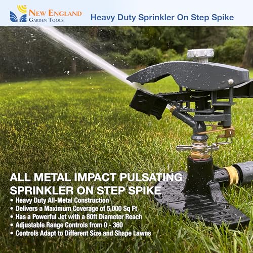 Heavy Duty Impact Pulsating Sprinkler 300004, Powerful Jet Reach 80 ft Diameter, 360° Range Control to Cover up to 5,000 Sq Ft for Farm, Lawn and Garden Irrigation, by New England Garden Tools