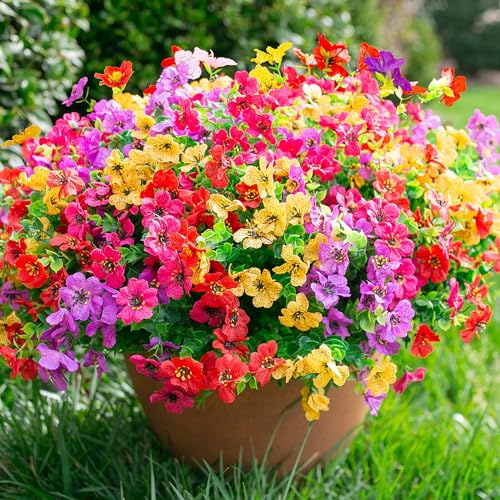 Daisy Artificial Flowers for Outdoors Decor, 12 Bundles Faux Daisy with Eucalyptus Fake Plants Greenery UV Resistant Look Real Colorful Faux Flowers for Outside Planter Porch Patio Yard Gardens, Mix - color: 4 Color(3 Red+3 Hotpink+3 Yellow+3 Purple)