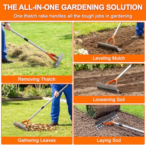 21-Tine Thatch Rake for Lawn,15" Heavy Duty Dethatcher Rake with 68" Handle - color: Orange