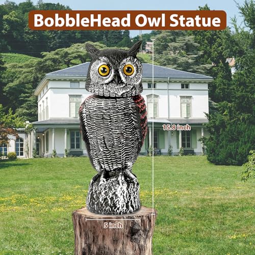 Fake Owl Decoys to Scare Birds Away-15.8 Inch, 2 Pack Rotating Head Sculptures, Nature Enemy Scarecrow Plastic Owl Statues, Bird Control and Pigeon Deterrent Outdoor for Outside, Patio, Yard