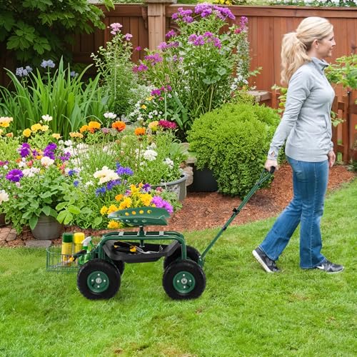 Garden Seat with Wheels, Rolling Stool with Extendable Handle, Storage Basket & Tool Tray, Garden Scooter with 360 Degree Swivel Seat for Outdoor & Yard (Green) - color: Green