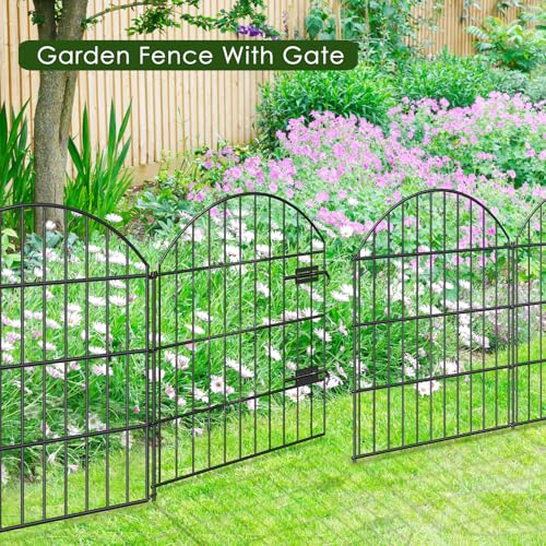 Metal Garden Fence with Gate 28 in x 11.7 ft, Dog Fence Outdoor for Yard - size: 28"Hx11.7ft (Gate+4Panels)
