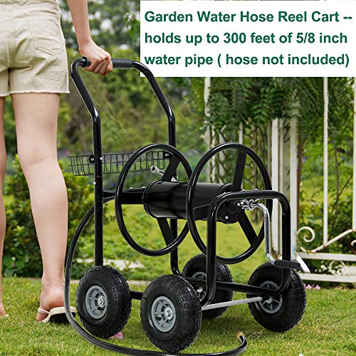 Garden Hose Reel Cart with Wheels, Holds 300-Feet of 5/8-Inch Hose, Heavy Duty Yard Water Planting 4 Wheels Outdoor Garden Lawn Water Truck with Storage Basket,Black - color: Black