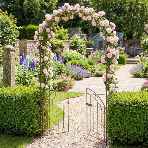 Giantex Garden Arch with Gate, 79" H Heavy-Duty Metal Arbor Trellis - color: Bronze