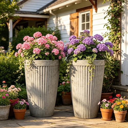 Autodaya 20" Resin Outdoor Tall Planters Set of 2, Ivory Fluted - color: Concrete Fluted-20"h
