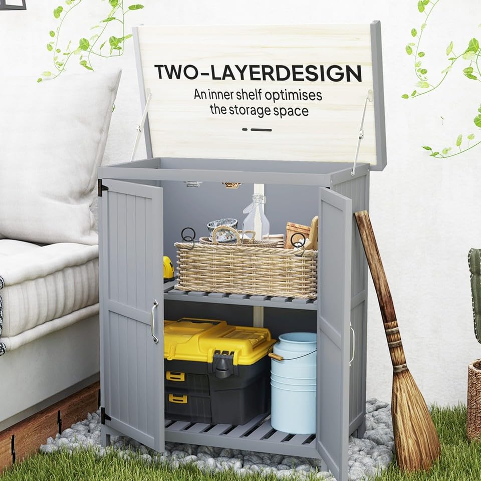 Outdoor Storage Cabinet, Garden Tool Shed with Stainless Steel Tabletop and Shelf, Wooden Potting Bench with Double Doors, Gray
