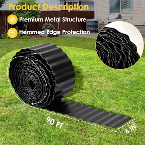 Vehipa Corrugated Garden Edging for Landscaping 6" x 90 Ft Metal Black - color: Black, size: 6Inches x 90FT