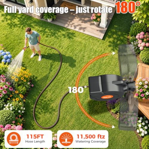 115FT Retractable Garden Hose Reel 5/8 Inch - Heavy Duty Wall Mounted Retractable Hose Reel with 9-Pattern Nozzle, 180° Swivel Auto Rewind, Any Length Lock Water Hose Reel for Yard Garden Car Washing - size: 115ft 5/8inch