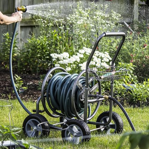 Backyard Expressions Metal Hose Reel Cart with Wheels - Heavy Duty Hose Caddie - 250 Ft Hose Capacity - Hammertone Finish - style: 2023 4 Wheel
