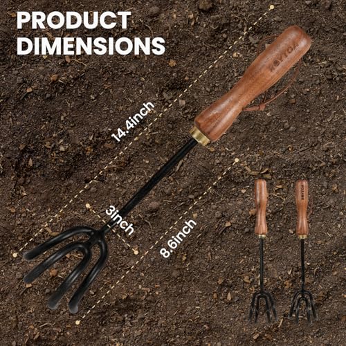 ROYTOA Hand Cultivator Rake, Ergonomic Small Garden Rake with Walnut Handle & 4 Durable Tines, Garden Tools for Weeding, Digging and Cultivating