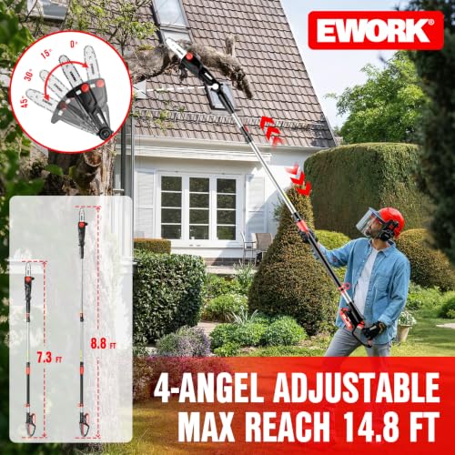 EWORK 20V 8" Cordless Pole Saws for Tree Trimming with Battery & Charger - color: Red