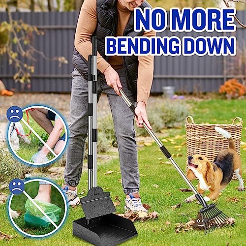 Dog Pooper Scooper for Large Dogs, 3 Pack Adjustable Long Handle Metal Tray, Rake and Spade Poop Scoop with Bin for Pet Waste Removal, No Bending Clean Up for Medium and Large Dogs - size: tray, rake & spade(Large)