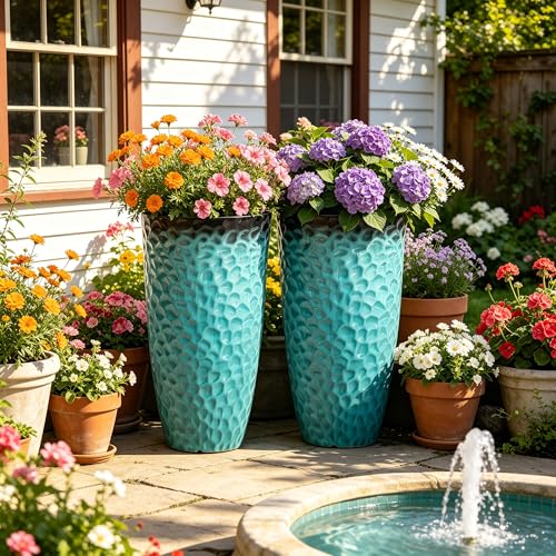24" Tall Large Planters for Outdoor Plants, Turquoise Ceramic-Look - color: 23.8"h-turquoise Hammered