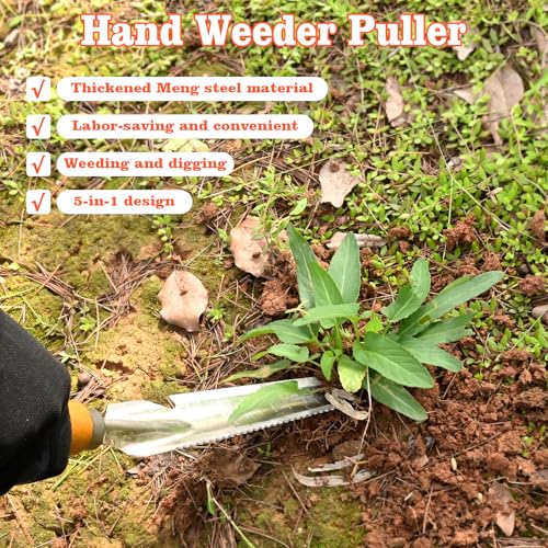 BokingOne 5-in-1 Stainless Steel Hand Weeder Puller Tool & Dandelion Fork Knife - Hand Weed Removal Tool for Weeding, Planting, Transplanting, Soil Cultivating & Flower Care(13.8-inches - color: 5-in-1 Stainless Weeder Tool
