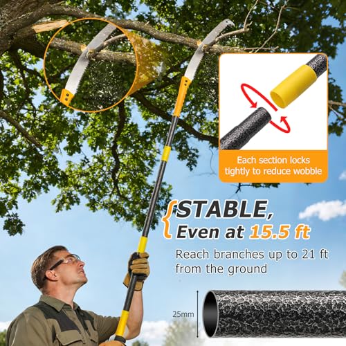 Pole Saw For Tree Trimming,2-In-1 Manual Pole Pruning Saw, 15.2FT High Reach Handheld Push-Pull Tree Trimmer With 15.7" Triple-Ground Blade Cutter For Branches,Orchard, Palm Trees, Shrubs,Limbs