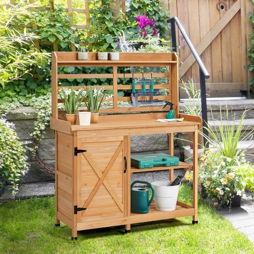 Yaheetech Outdoor Potting Bench with Storage, Planting Table for Patio,Wood - color: Wood