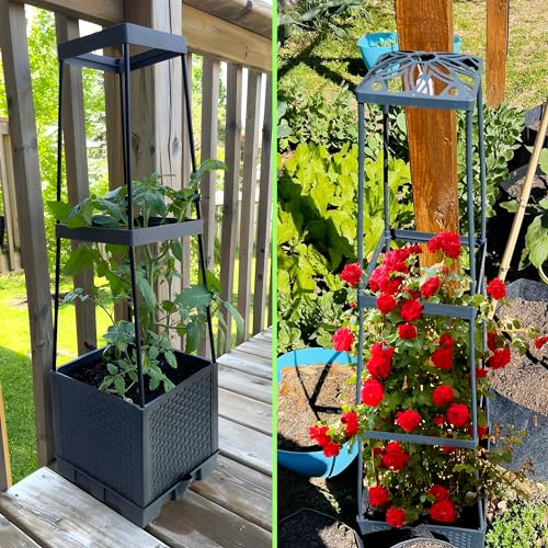 2 Packs Raised Garden Bed Tomato Planter Box with Trellis,44.8" Self-Watering Tomato Cage with Trapezoidal Trellis for Climbing Plants Flowers Vegetables Vine in Patio Garden Indoor Outdoor - size: 3 Tiers-44.8"