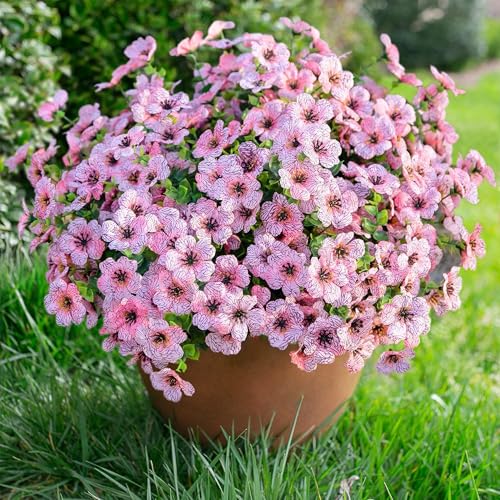 Daisy Artificial Flowers for Outdoors Decor, 12 Bundles Faux Daisy with Eucalyptus Fake Plants Greenery UV Resistant Look Real Colorful Faux Flowers for Outside Planter Porch Patio Yard Gardens, Pink - color: Pink