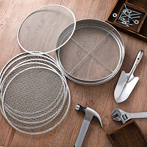 Bonuci 10 Pcs 12 Inch Soil Sieve Stainless Steel Sieve Set Garden Soil Sifter Potting Mix Sifter with 8 Interchangeable Filter Mesh 2, 3, 5, 6, 7, 9, 10, 12 mm and Shovel for Garden Compost(Silver)