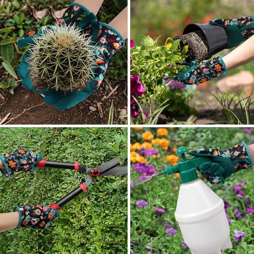 Gardening Gloves for Women, Breathable Leather Garden Gloves,Gardening Gift - color: Green - Black Flower