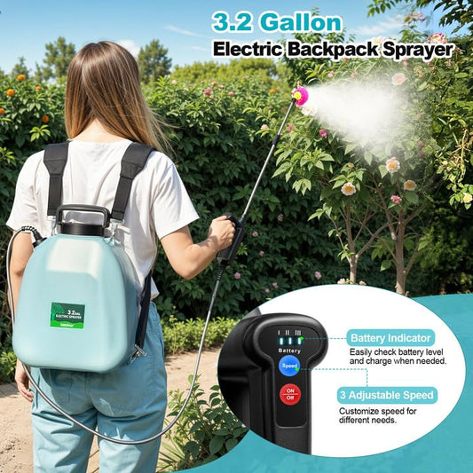 SideKing 3.2 Gallon Battery Powered Backpack Sprayer, Electric Back Pack Sprayer with 3 Spray Speed, Battery Indicator, Rechargeable Handle, 40" Telescopic Wand, 5 Mist Nozzles, for Lawn and Garden - color: Sky Blue, size: 3.2 Gallon