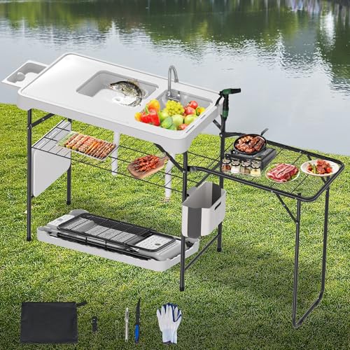 Dragosum Fish Cleaning Table with Dual Sinks & Folding Extension Board - color: White & Black, size: with Grill Extension Board