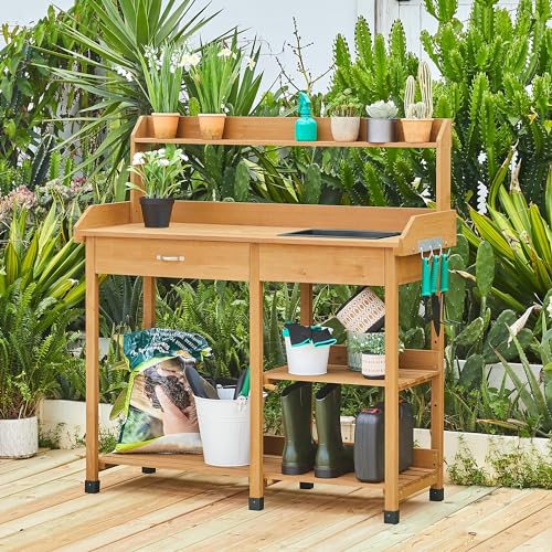 Yaheetech Potting Bench with Sink & Drawer, Outdoor Gardening Table, Wood - color: Wood