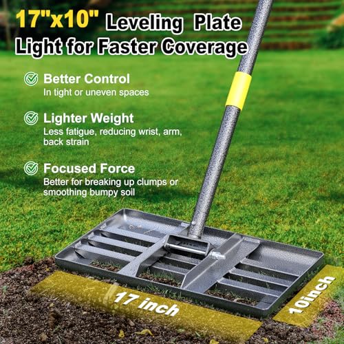 Lawn Leveling Rake: Anti Flipping 17" x 10" Stainless Steel Lawn Ground Leveler for Soil, Heavy Duty Grass Top Soil Dressing Leveling Rake, Home Lawn,Golf Field,Yard Landscaping Tool, 60” Long Handle - size: 17"x10", 60"