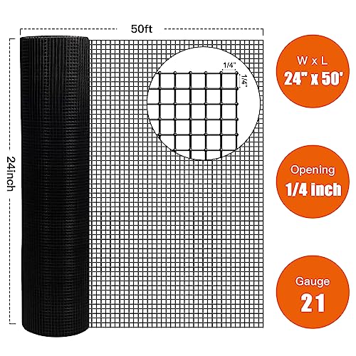 Zevemomo 24" x 50' 1/4inch Hardware Cloth, Black Vinyl Coated Chicken Wire Fence Galvanized Welded Mesh Roll for Home Garden Rabbit Cage - size: 24" x 50' 1/4inch