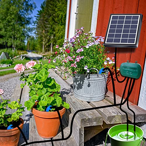 Lewisia 2W Solar Automatic Drip Irrigation Kit with Timer Auto Watering System Solar Powered Auto-Irrigation Set for Garden Beds Patio Lawn Plants Greenhouse Flower 50FT for 15 Plants