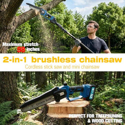 2-in-1 Cordless Pole Saw&Mini Chainsaw,6"&8" Electric Tree Trimmer Pole Saw - color: Blue