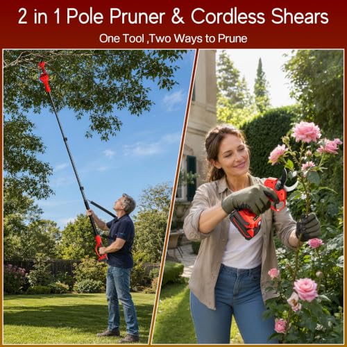 2-In-1 Electric Pruning Shears for Milwaukee 18V Battery, 1.2'' Cut Diameter Cordless High Branch Cutter with 8FT Reach Extension Pole, Brushless Motor Pruner for Gardening Tree Trimming (No Battery)