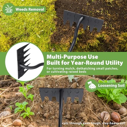 Manual Weeder Tool,6 Tines Garden Weeding Rake with Sharp Blade,55 Inch Long Handle,Heavy Duty Stand Weeding Tool for Weeding Loosening Soil Gathering Leaf Leveling Thatch Rake - style: 6 Teeth