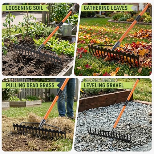 Bow Rake with17-Tine Thicken Carbon Steel Rake Head and 60'' Handle