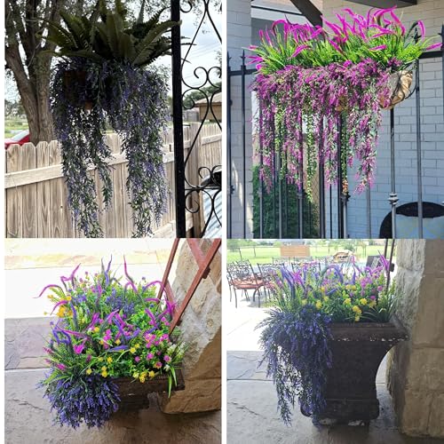 RECUTMS 4Pcs Artificial Purple Hanging Lavender Fake Plants for Outdoors - color: Purple