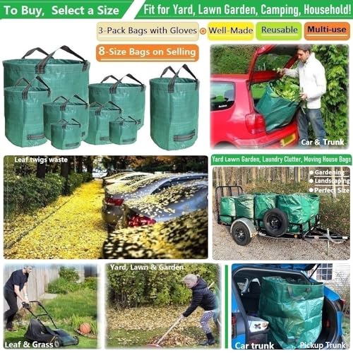 Standard 3-Pack 32 Gallon Lawn Garden Bags (D18,H30 inch) Yard Waste Bags with Gardening Gloves - Reusable Leaf Bags,Yard Debris,Trash Container,Plant Trimmings Bag,Grass Clippings,Weeds Bag 4 Handles - size: 1 Count (Pack of 3)