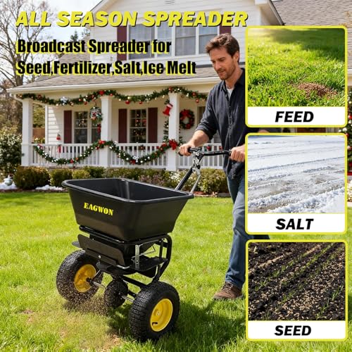 Fertilizer Spreader, Walk-Behind Push Broadcast Spreader - All Season, 100lb Capacity, 13in All-Terrain Pneumatic Tires, Grate/Cover/Enclosed Gearbox, for Seed/Fertilizer/Salt/Snow Melt