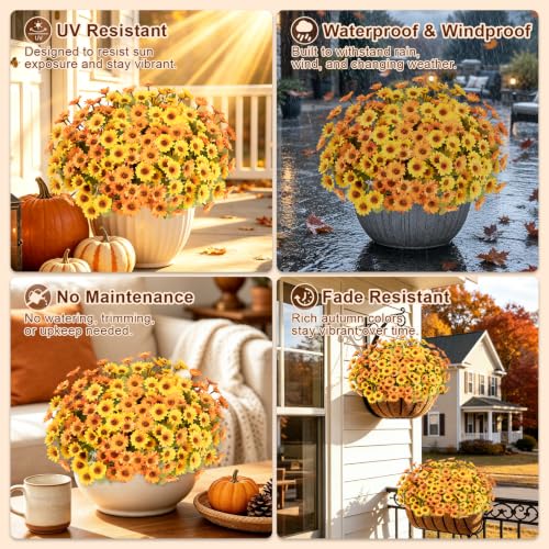 12 PCS Artificial Mums for Outdoors, UV Resistant Fake Fall Flowers - color: Yellow + Orange
