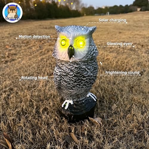 Snowy Solar Owl With Motion Detector, Flashing Eyes, Spinning Head, Realistic Hooting and Silent Mode, Outdoor Statue, Winter Garden Decoration for Home, Patio and Fence