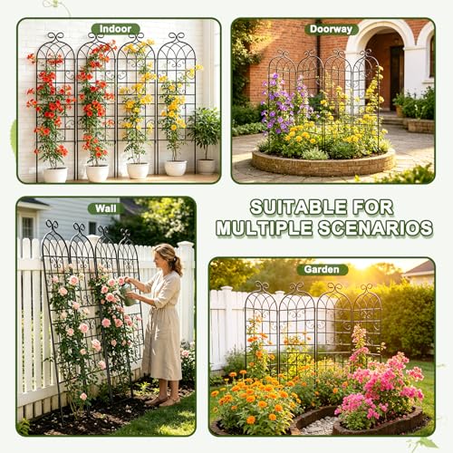 YOBAZAN 72x80in Rustic Iron Arch Decoration Garden Trellis with Black Metal Coating – Perfect for Supporting Climbing Plants Outdoor, Roses, Vines, Flowers, and Vegetables. - style: 4 Pack