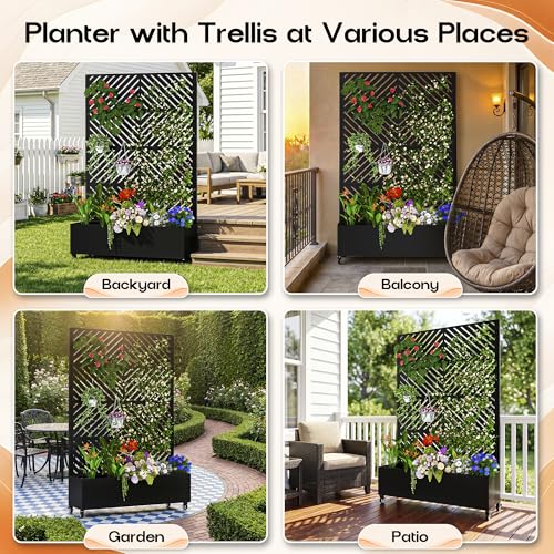 MTART Metal Planter Box with Trellis, 72"x47"x16" Outdoor Galvanized Raised Garden Bed with Privacy Screen & Drainage Holes & Lockable Casters for Climbing Plants, Vegetable, Vines (Black-Arrow) - color: Black-arrow