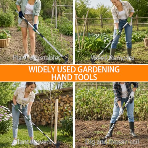 60" Weed Puller Tool with Long Handle, 2 in 1 Manual Weeder Remover Tool and Garden Hoe for Gardening, Heavy Duty Uprooting Weed Rake for Yard, Lawn, Patio and Garden