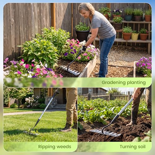 Iron Weeding Rake with Long Handle, Manual Weeder Tool for Garden