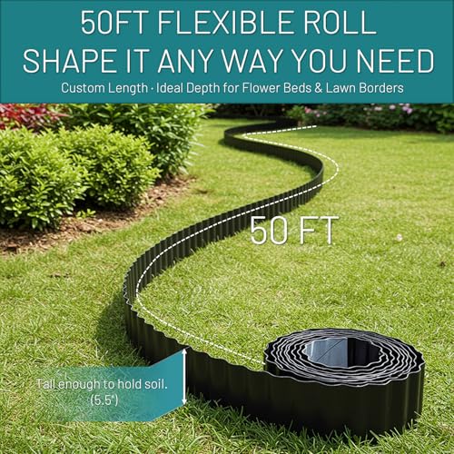 50FT Black Corrugated Metal Landscape Edging – Flexible & Rustproof Garden Edging Border, Decorative Metal Trim for Flower Beds, Lawn, Driveway, Walkway & Raised Beds - color: Black, size: 50FT × 5.5IN