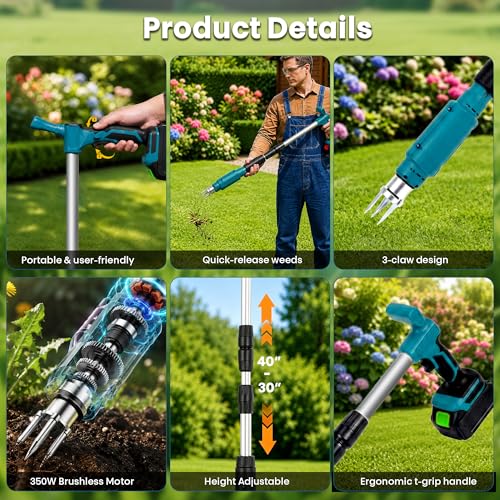 Electric Stand Up Weed Puller Tool with Long Handle, Lightweight & Portable Design, Total 4000 mAh Batteries, Adjustable Garden Weed Remover Tool For Lawn Yard, No Bending Grandpa's Weeder Tool