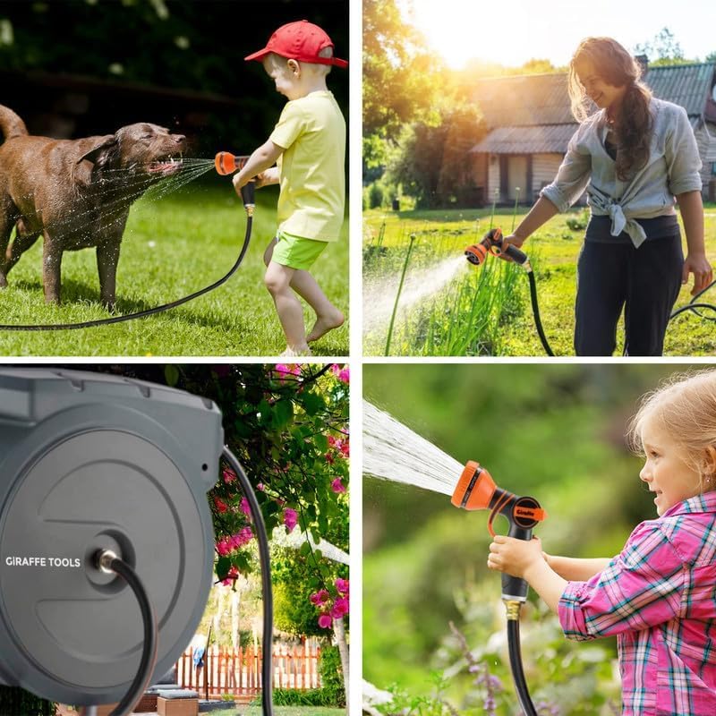 Giraffe Tools Retractable Garden Hose Reel 1/2 Inch x 155+5 ft and Hose Reel 1/2 Inch x 130 ft, Heavy Duty, Any Length Lock, Slow Return System, Wall Mounted and 180 Deg Swivel Bracket