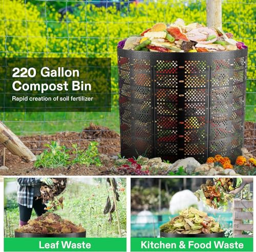 VIVOSUN 220 Gallon Outdoor Compost Bin, Expandable Composter, Easy to Setup & Large Capacity for Backyard, Lawn (Black with Gloves) (Pack of 2) - size: 220 Gallon (Pack of 2)